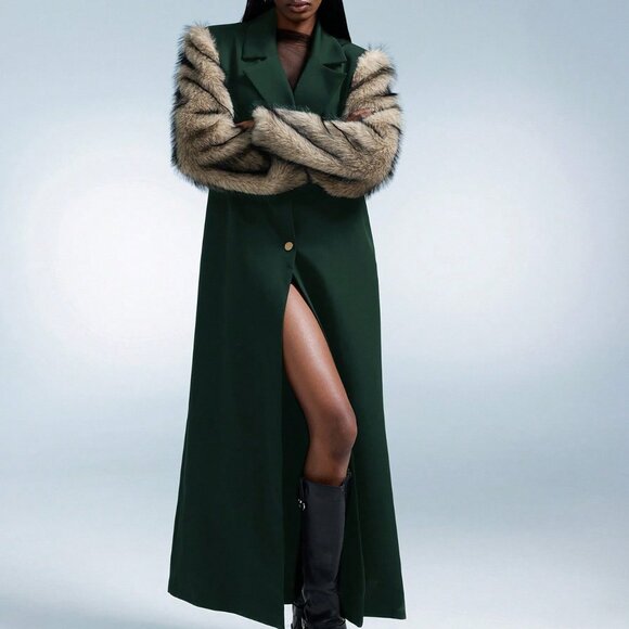 Green Elegant Women's Faux Fur Long Loose Patchwork Jacket - Picture 4 of 8